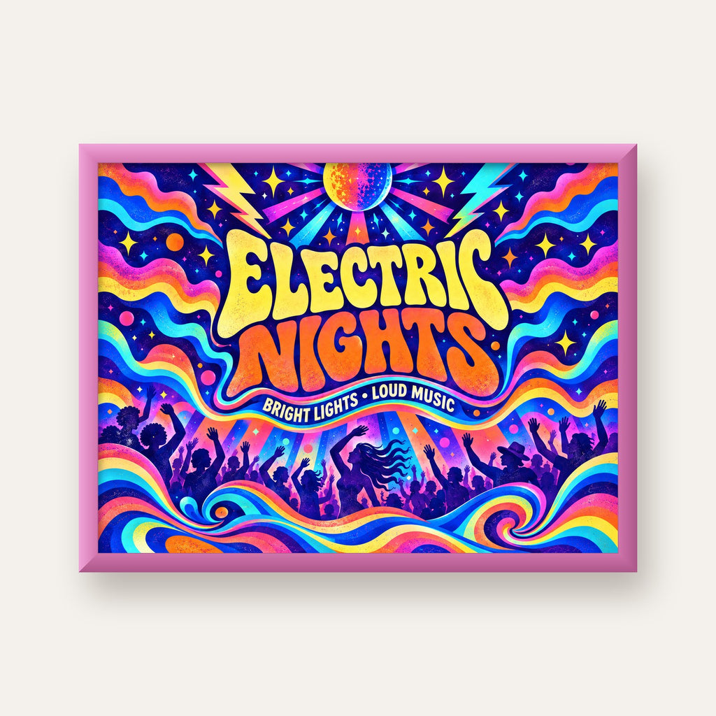 Electric Nights Psikedelik Gece Partisi Poster Retro Tasarım — pembe çerçeveli