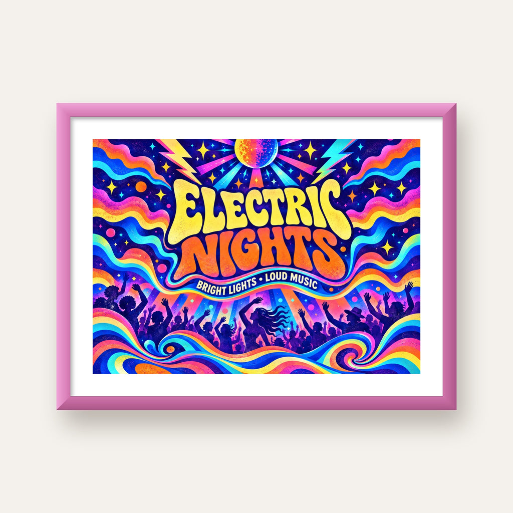 Electric Nights Psikedelik Gece Partisi Poster Retro Tasarım — pembe çerçeveli paspartulu
