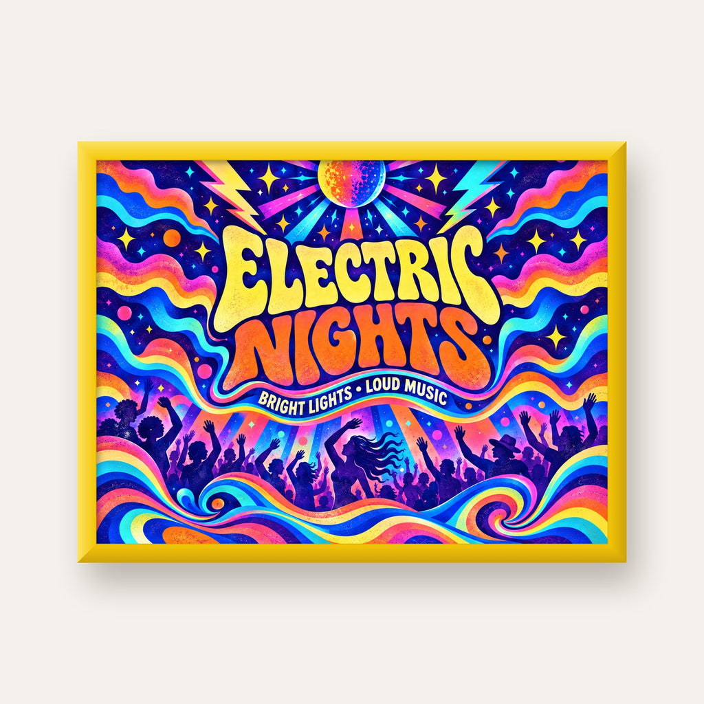 Electric Nights Psikedelik Gece Partisi Poster Retro Tasarım — sarı çerçeveli