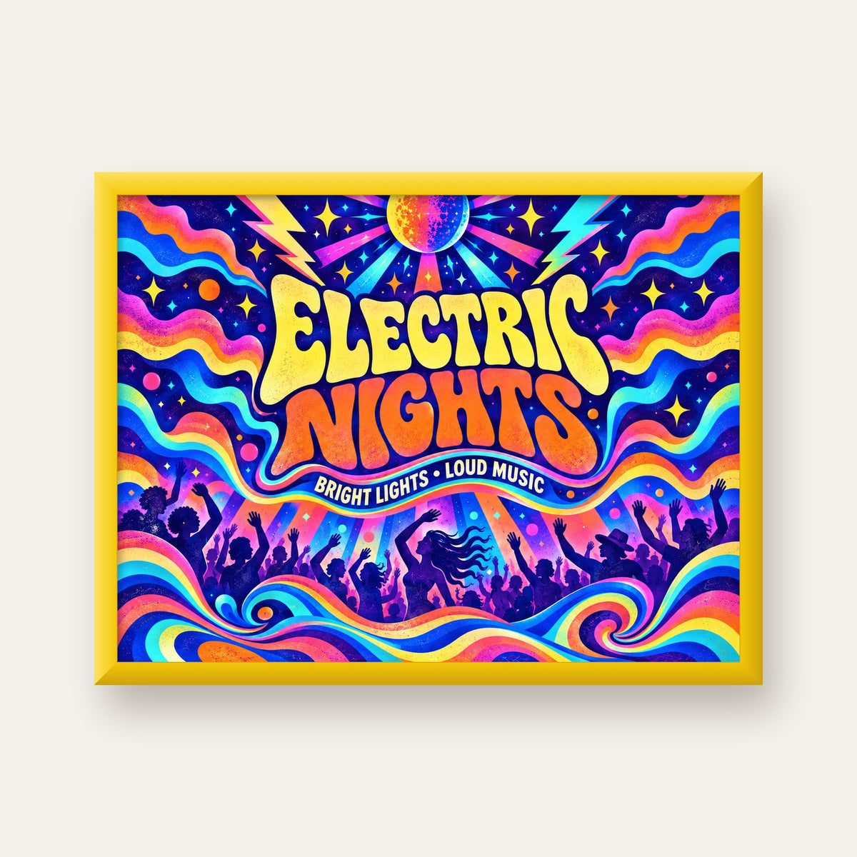 Electric Nights Psikedelik Gece Partisi Poster Retro Tasarım — sarı çerçeveli