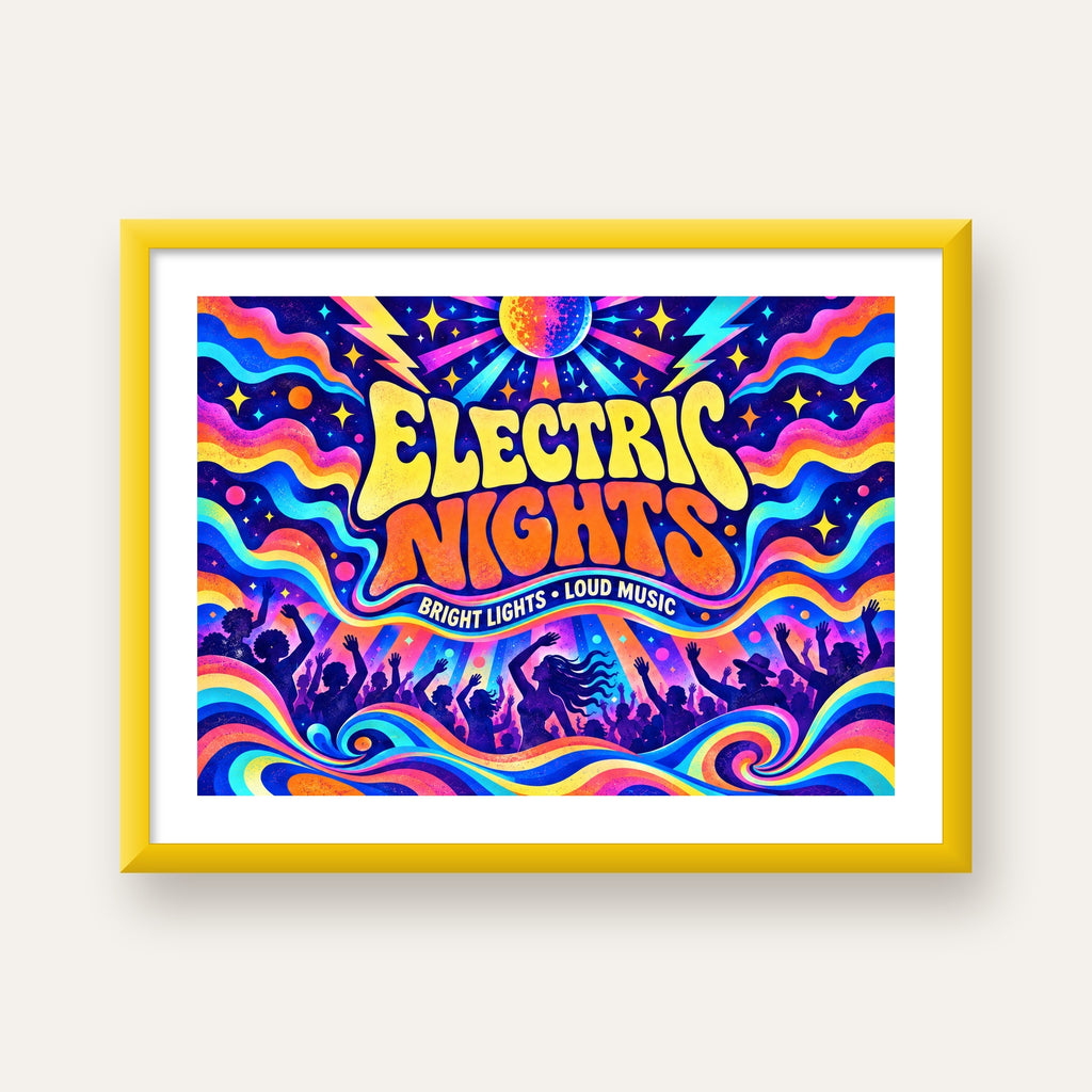 Electric Nights Psikedelik Gece Partisi Poster Retro Tasarım — sarı çerçeveli paspartulu