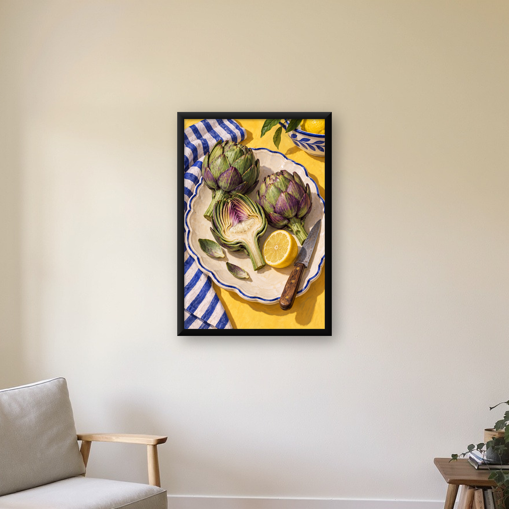 Enginar ve Limonlu Natürmort Yağlı Boya Poster — çerçeveli hâliyle bir ev duvarında