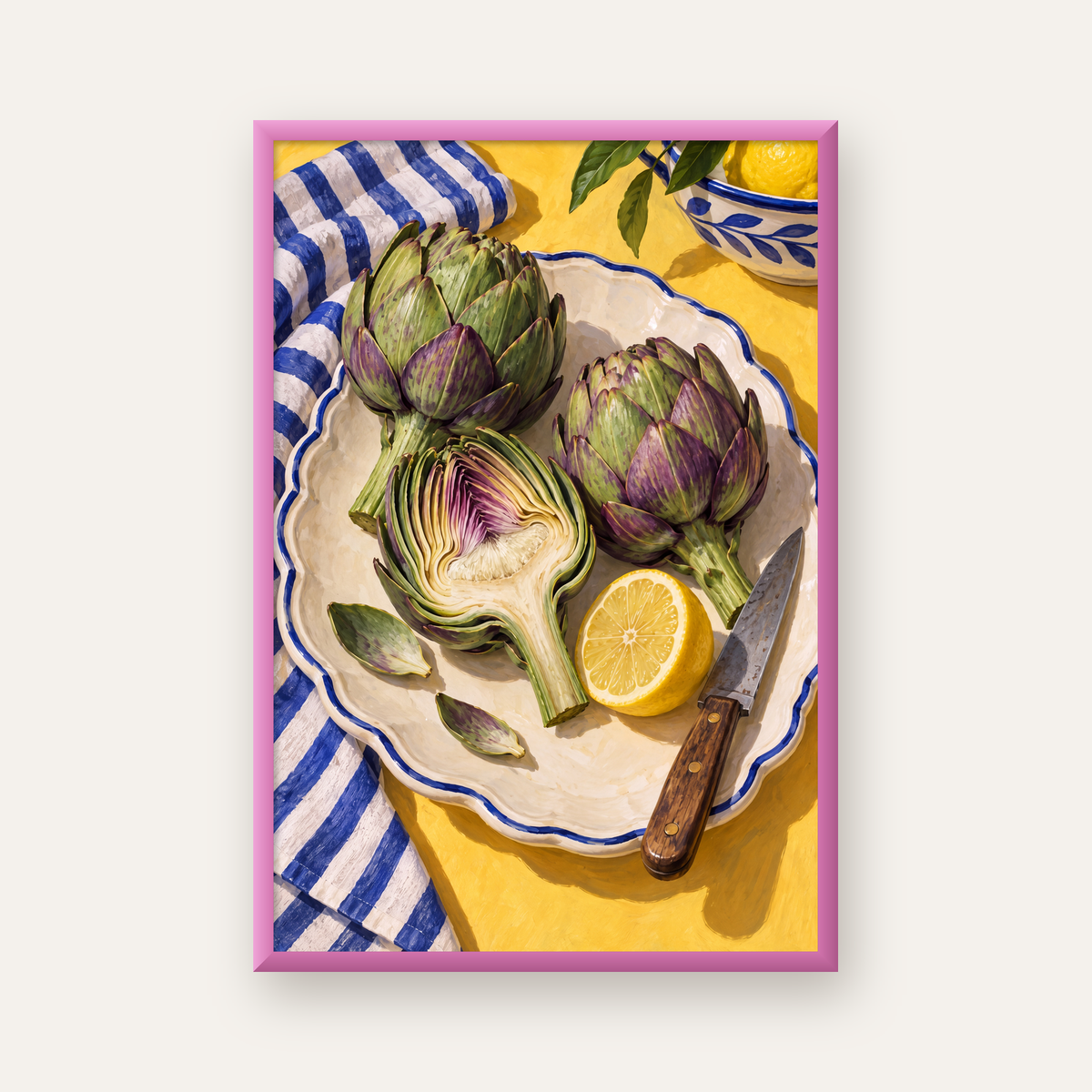 Enginar ve Limonlu Natürmort Yağlı Boya Poster — pembe çerçeveli