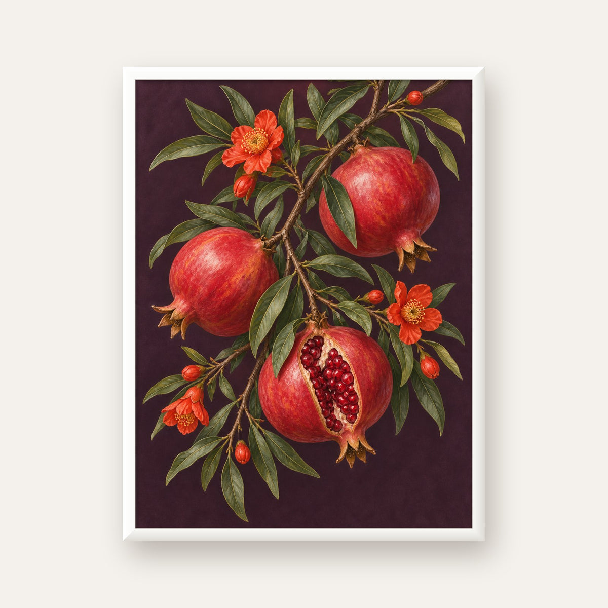 Nar Dalı ve Çiçekleri Botanik Sanat Poster Baskısı — beyaz çerçeveli dikey poster