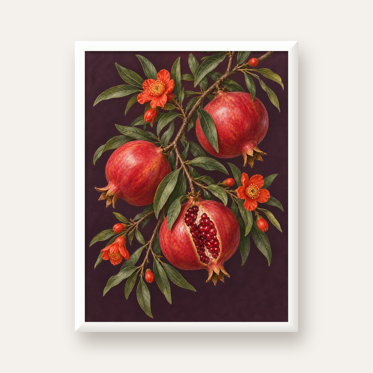 Nar Dalı ve Çiçekleri Botanik Sanat Poster Baskısı — beyaz çerçeveli dikey poster