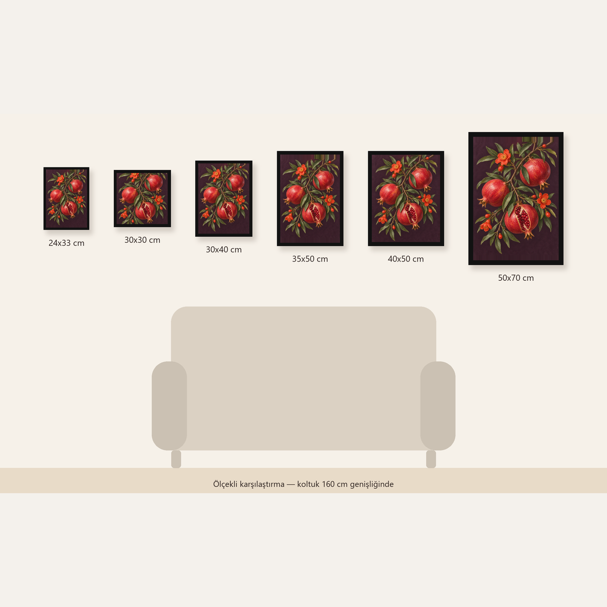 Nar Dalı ve Çiçekleri Botanik Sanat Poster Baskısı — Dikey ölçülerinin karşılaştırması
