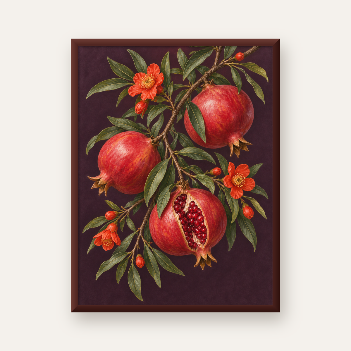 Nar Dalı ve Çiçekleri Botanik Sanat Poster Baskısı — ceviz çerçeveli