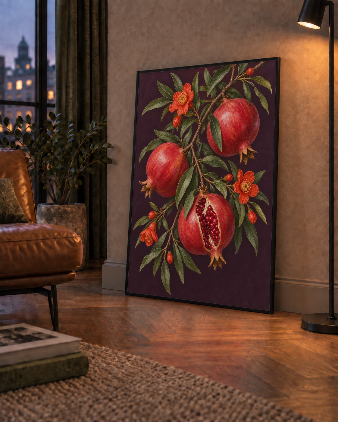 Nar Dalı ve Çiçekleri Botanik Sanat Poster Baskısı — çerçeveli hâliyle bir ev duvarında