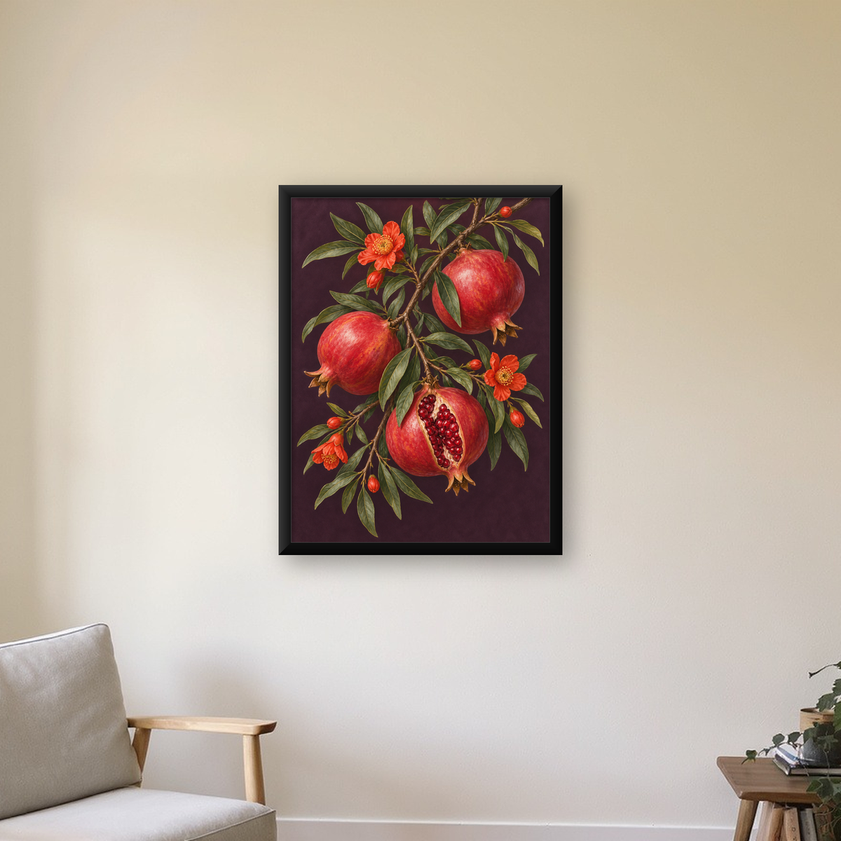 Nar Dalı ve Çiçekleri Botanik Sanat Poster Baskısı — Dikey baskı, çerçeveli hâliyle bir ev duvarında