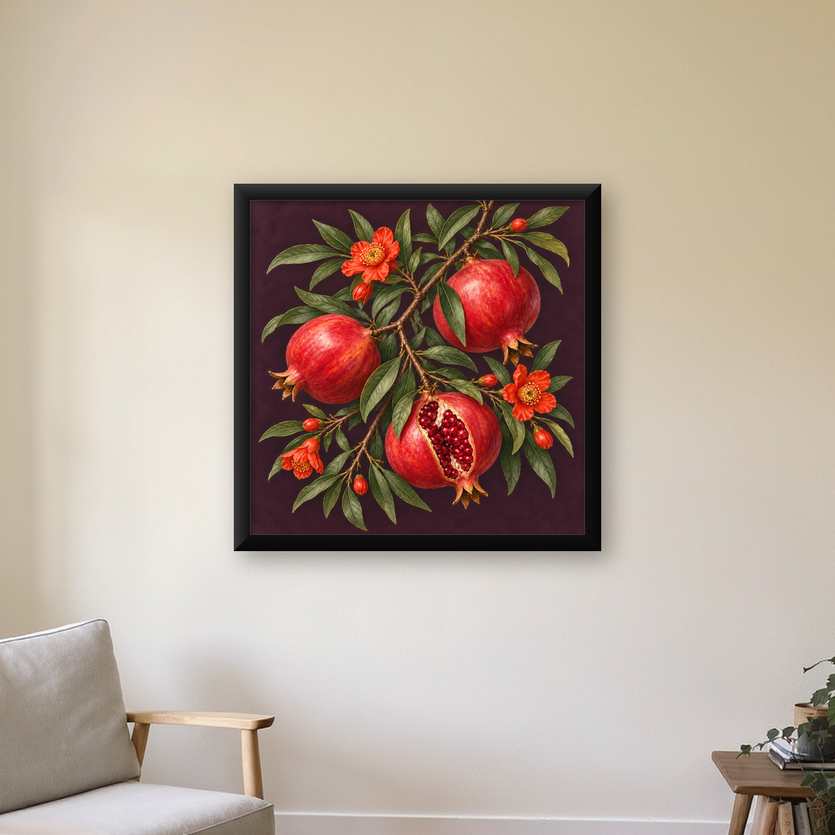 Nar Dalı ve Çiçekleri Botanik Sanat Poster Baskısı — Kare baskı, çerçeveli hâliyle bir ev duvarında