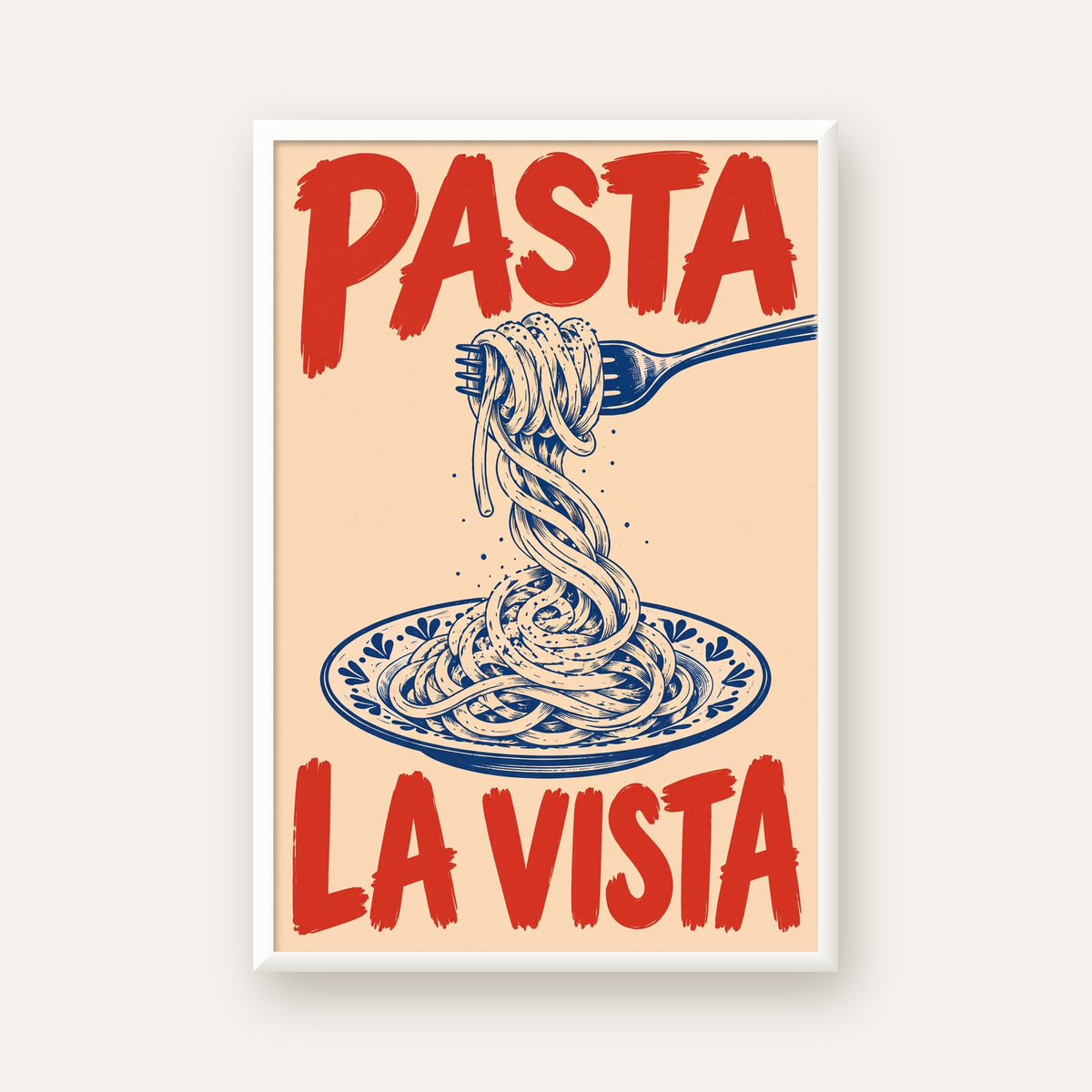 PASTA LA VISTA Retro Spagetti Poster – Mutfak Duvar Dekoru — beyaz çerçeveli dikey poster