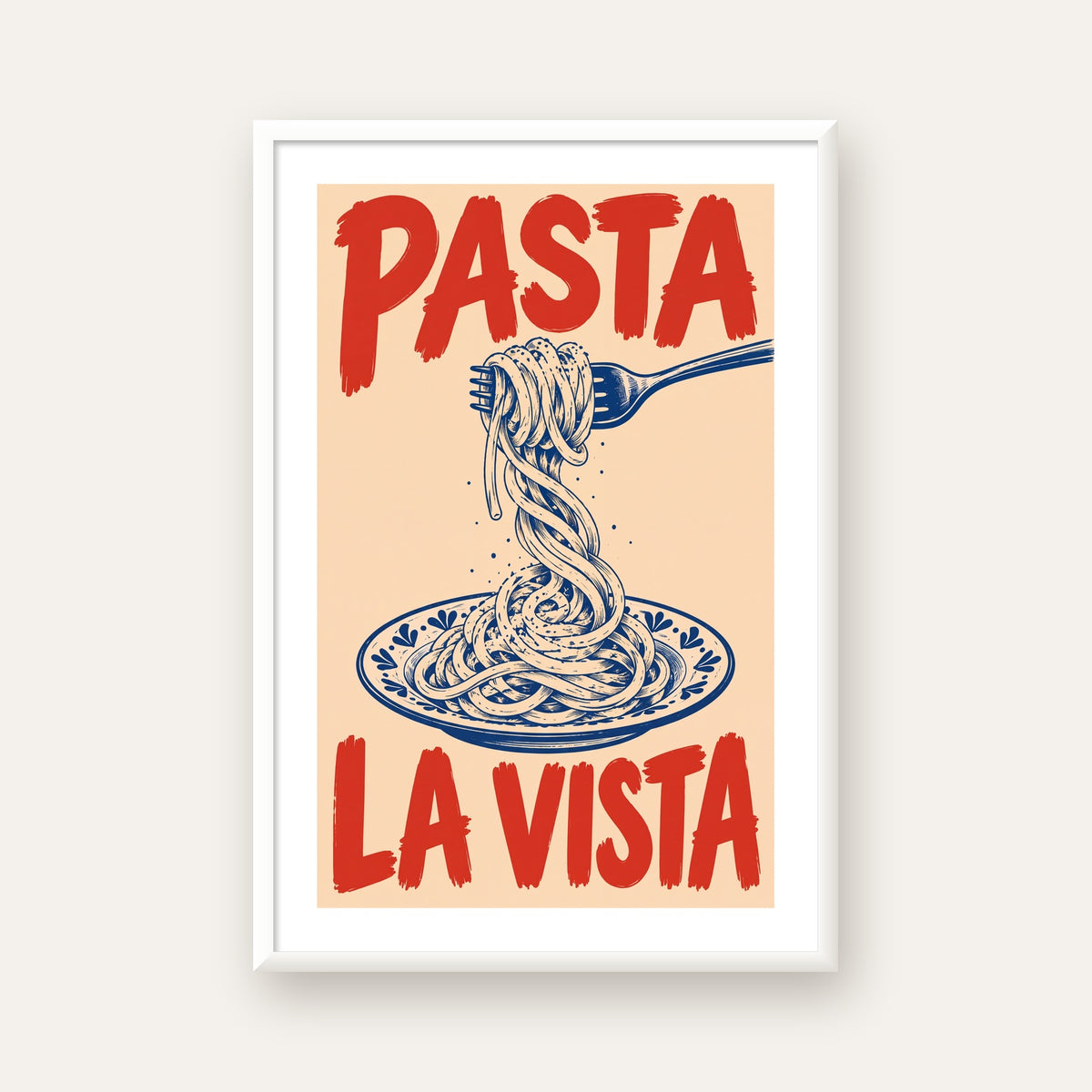 PASTA LA VISTA Retro Spagetti Poster – Mutfak Duvar Dekoru — beyaz çerçeveli dikey poster