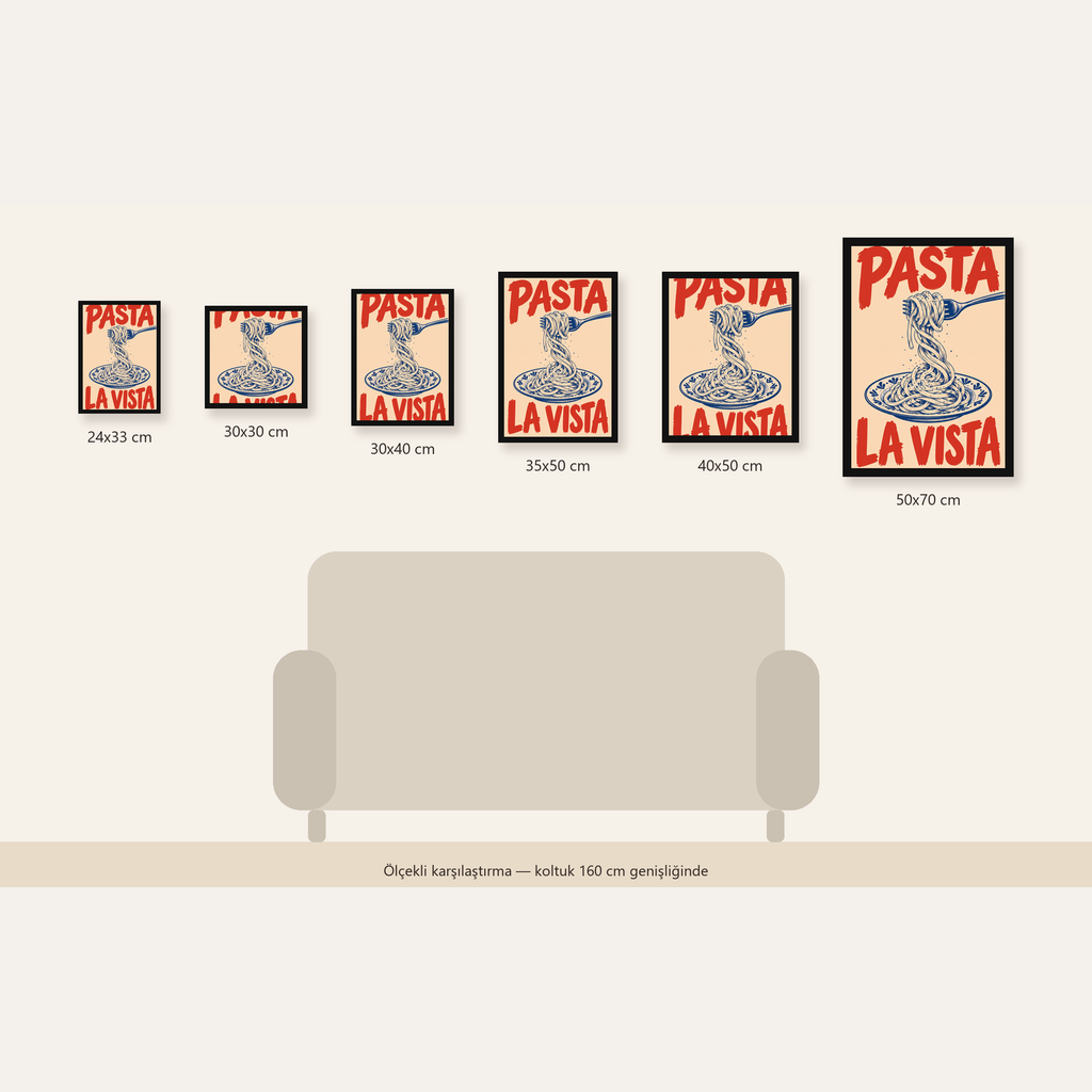 PASTA LA VISTA Retro Spagetti Poster – Mutfak Duvar Dekoru — 24×33 cm'den 50×70 cm'e, altı ölçünün karşılaştırması