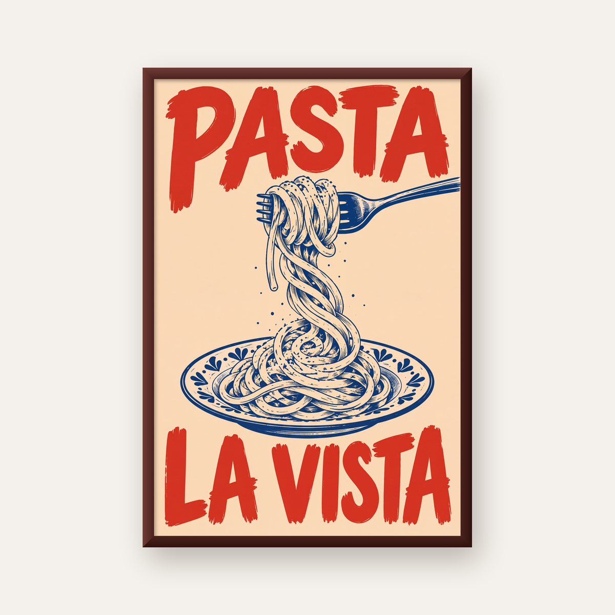 PASTA LA VISTA Retro Spagetti Poster – Mutfak Duvar Dekoru — ceviz çerçeveli
