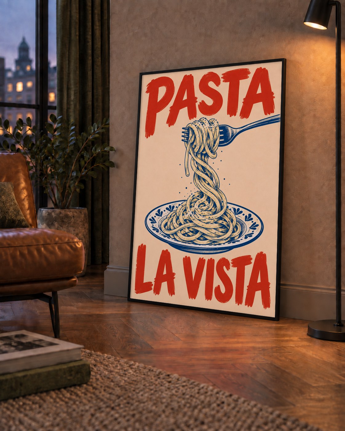 PASTA LA VISTA Retro Spagetti Poster – Mutfak Duvar Dekoru — çerçeveli hâliyle bir ev duvarında