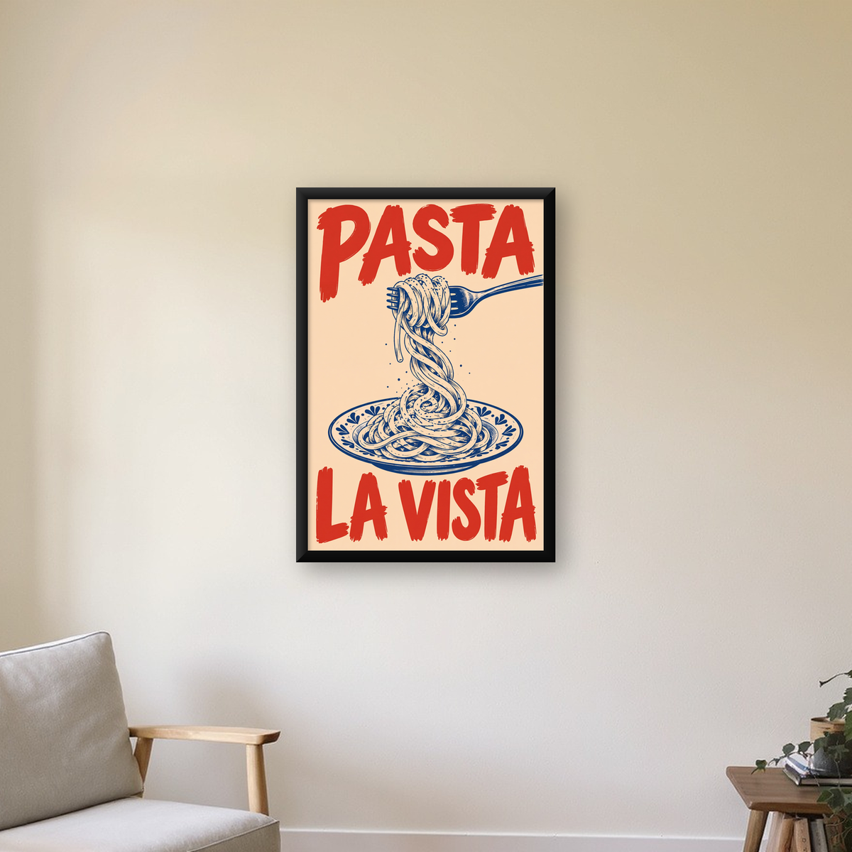 PASTA LA VISTA Retro Spagetti Poster – Mutfak Duvar Dekoru — çerçeveli hâliyle bir ev duvarında