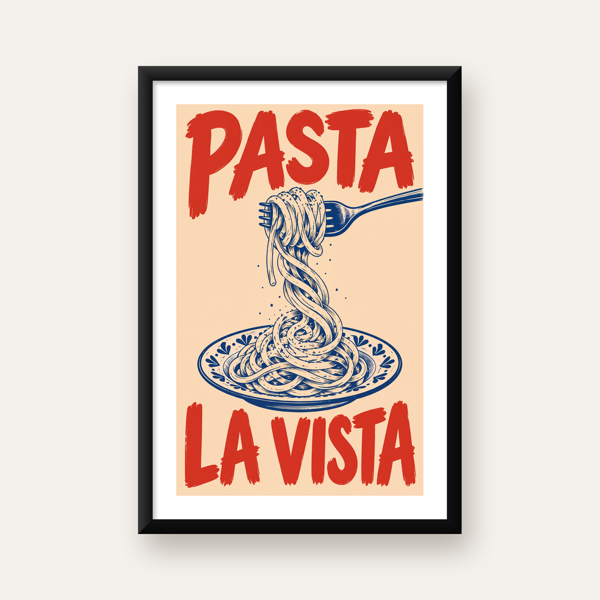 PASTA LA VISTA Retro Spagetti Poster – Mutfak Duvar Dekoru — beyaz paspartulu, düz siyah çerçeveli