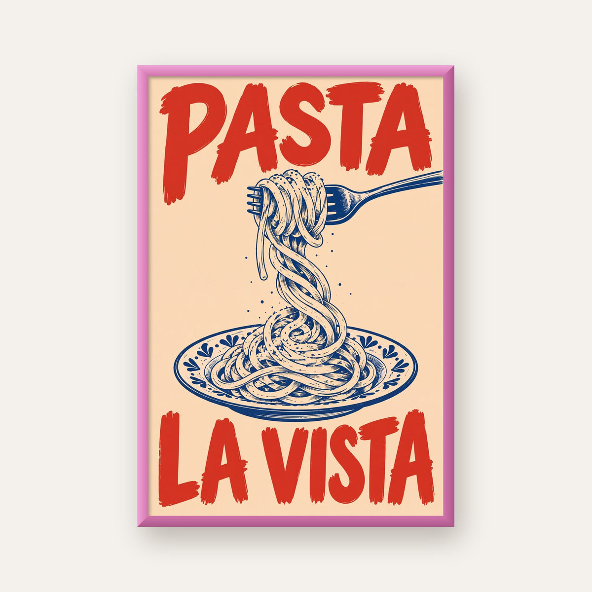 PASTA LA VISTA Retro Spagetti Poster – Mutfak Duvar Dekoru — pembe çerçeveli
