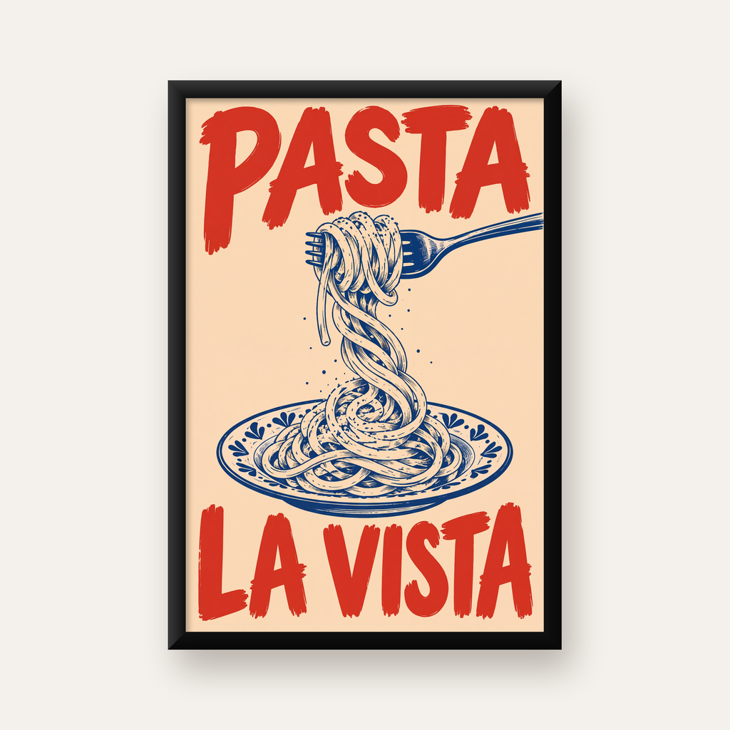 PASTA LA VISTA Retro Spagetti Poster – Mutfak Duvar Dekoru — düz siyah çerçeveli duvar posteri