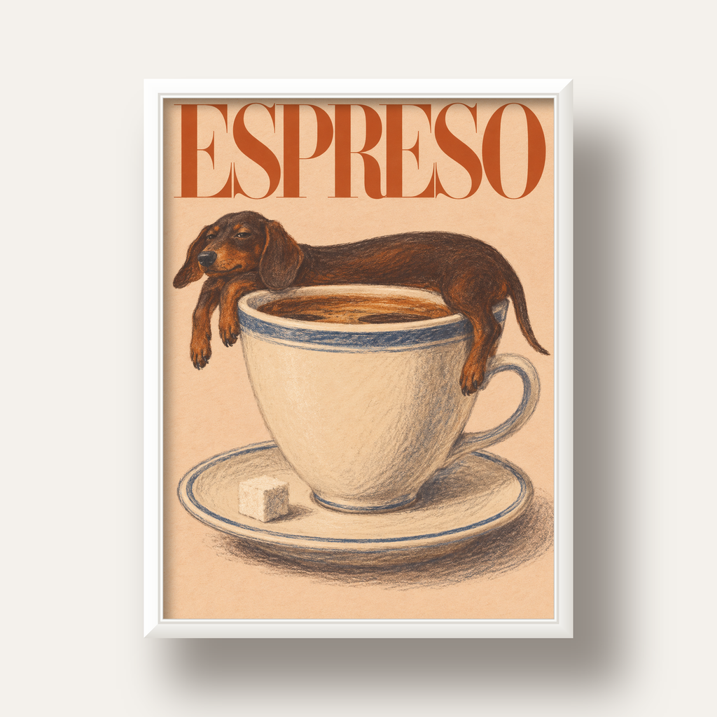 Kahve ve Köpek Sevgisi: Espreso Pastel Poster — beyaz derin çerçeveli