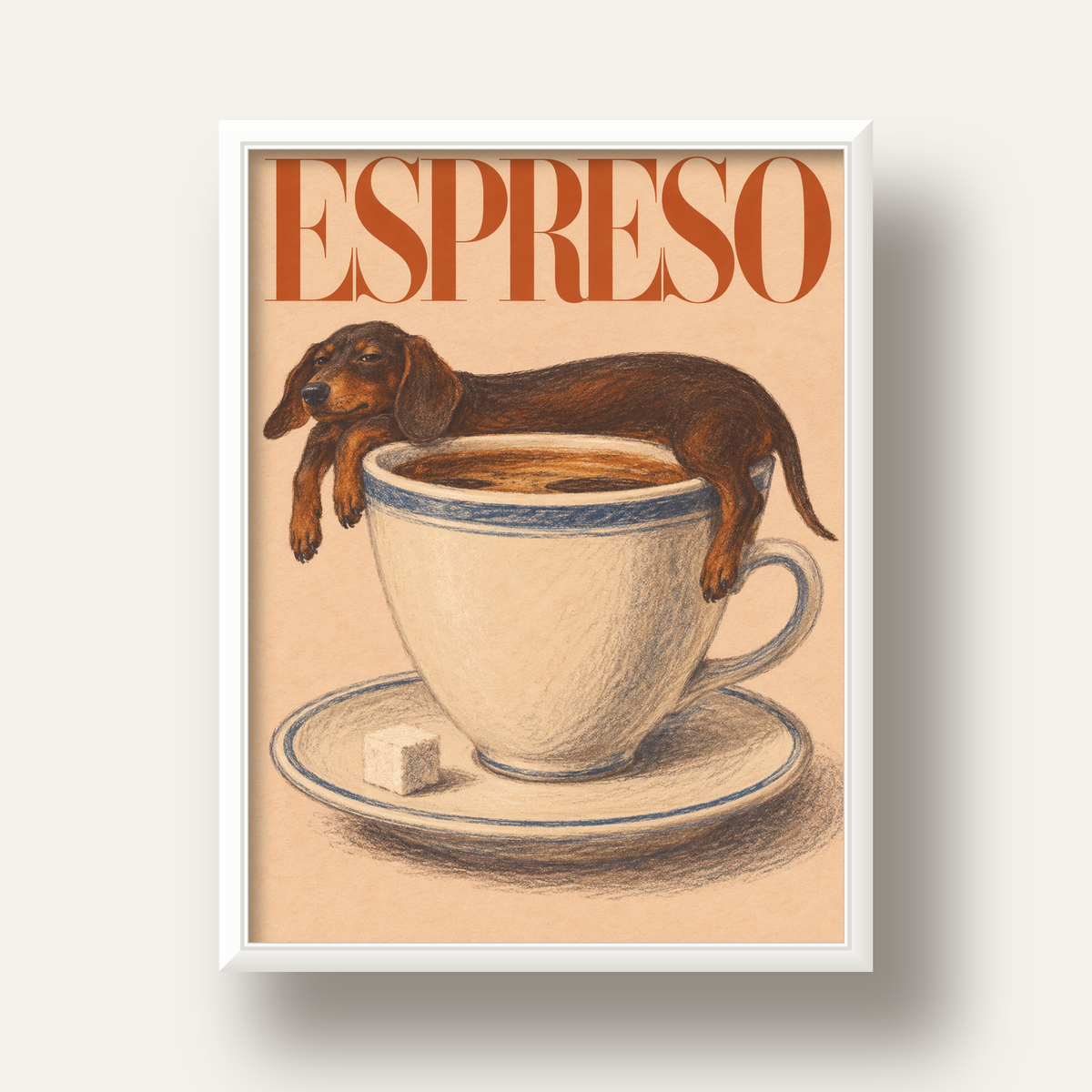Kahve ve Köpek Sevgisi: Espreso Pastel Poster — beyaz derin çerçeveli