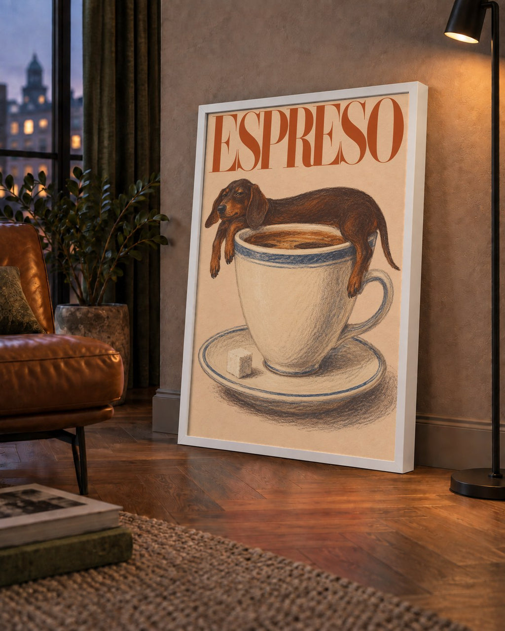 Kahve ve Köpek Sevgisi: Espreso Pastel Poster — çerçeveli hâliyle bir ev duvarında