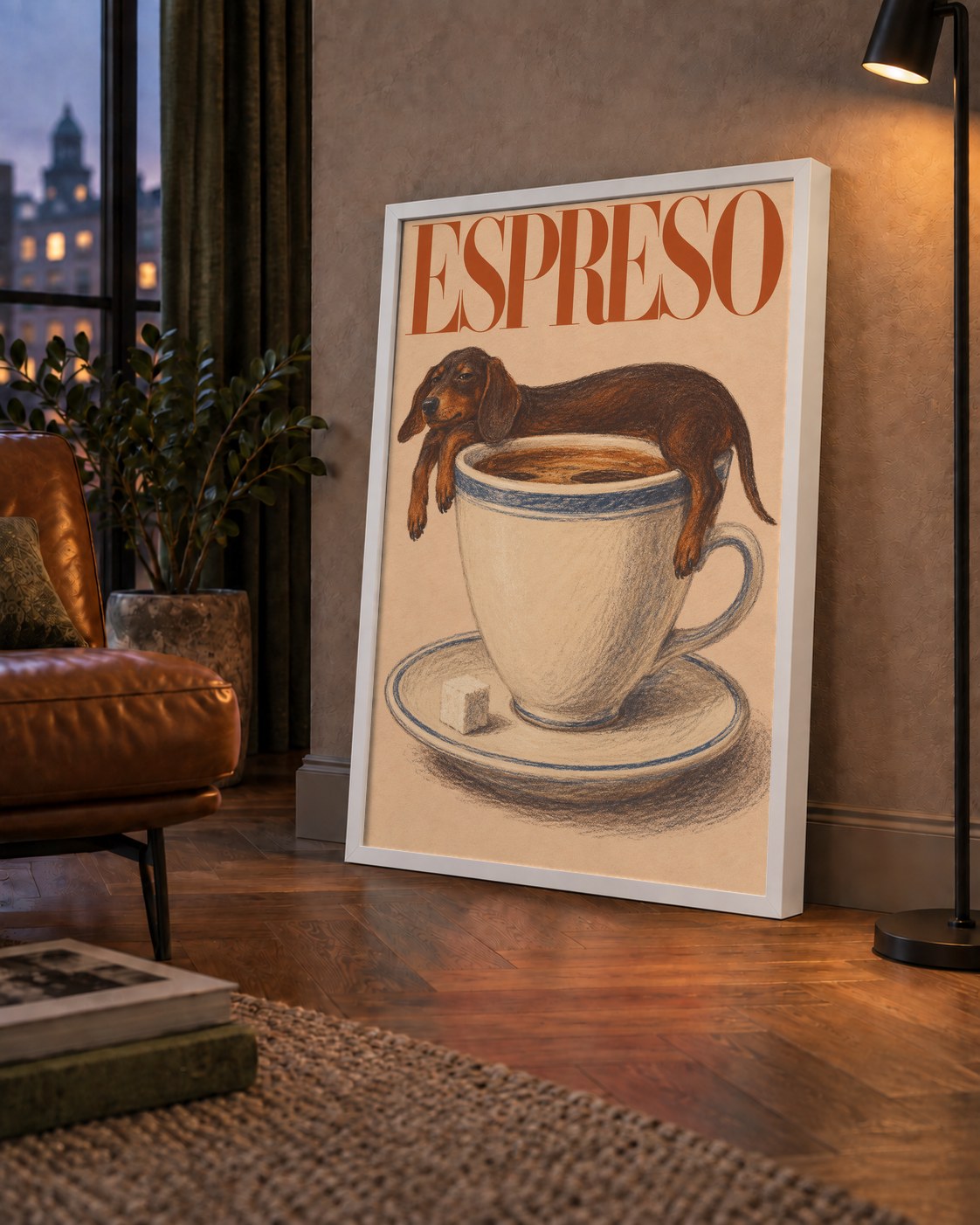 Kahve ve Köpek Sevgisi: Espreso Pastel Poster — çerçeveli hâliyle bir ev duvarında
