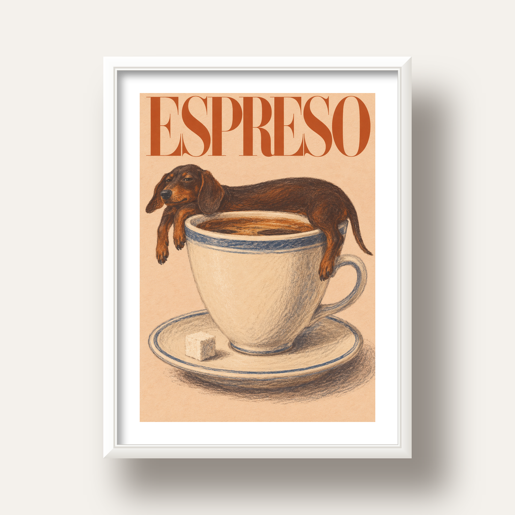 Kahve ve Köpek Sevgisi: Espreso Pastel Poster — beyaz derin çerçeveli paspartulu