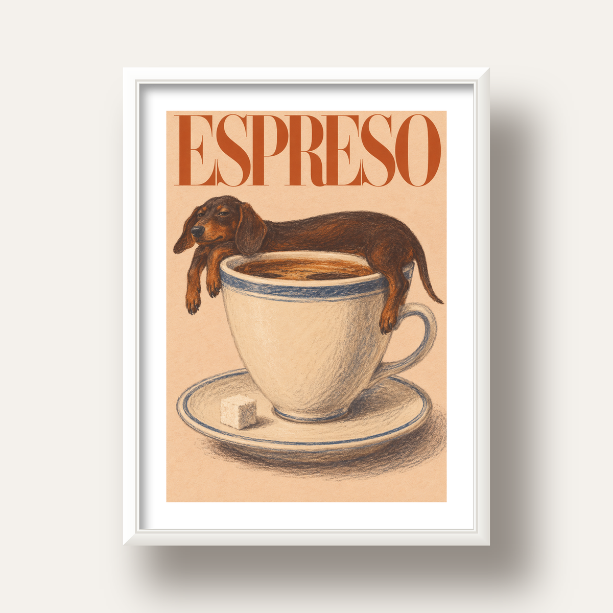 Kahve ve Köpek Sevgisi: Espreso Pastel Poster — beyaz derin çerçeveli paspartulu