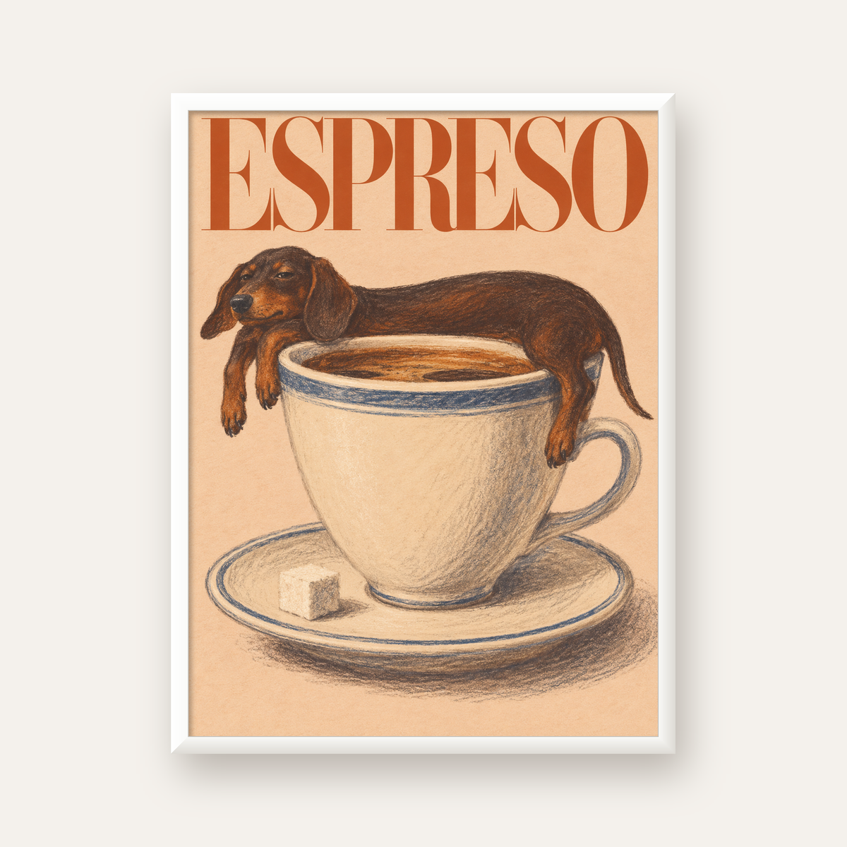 Kahve ve Köpek Sevgisi: Espreso Pastel Poster — beyaz çerçeveli dikey poster