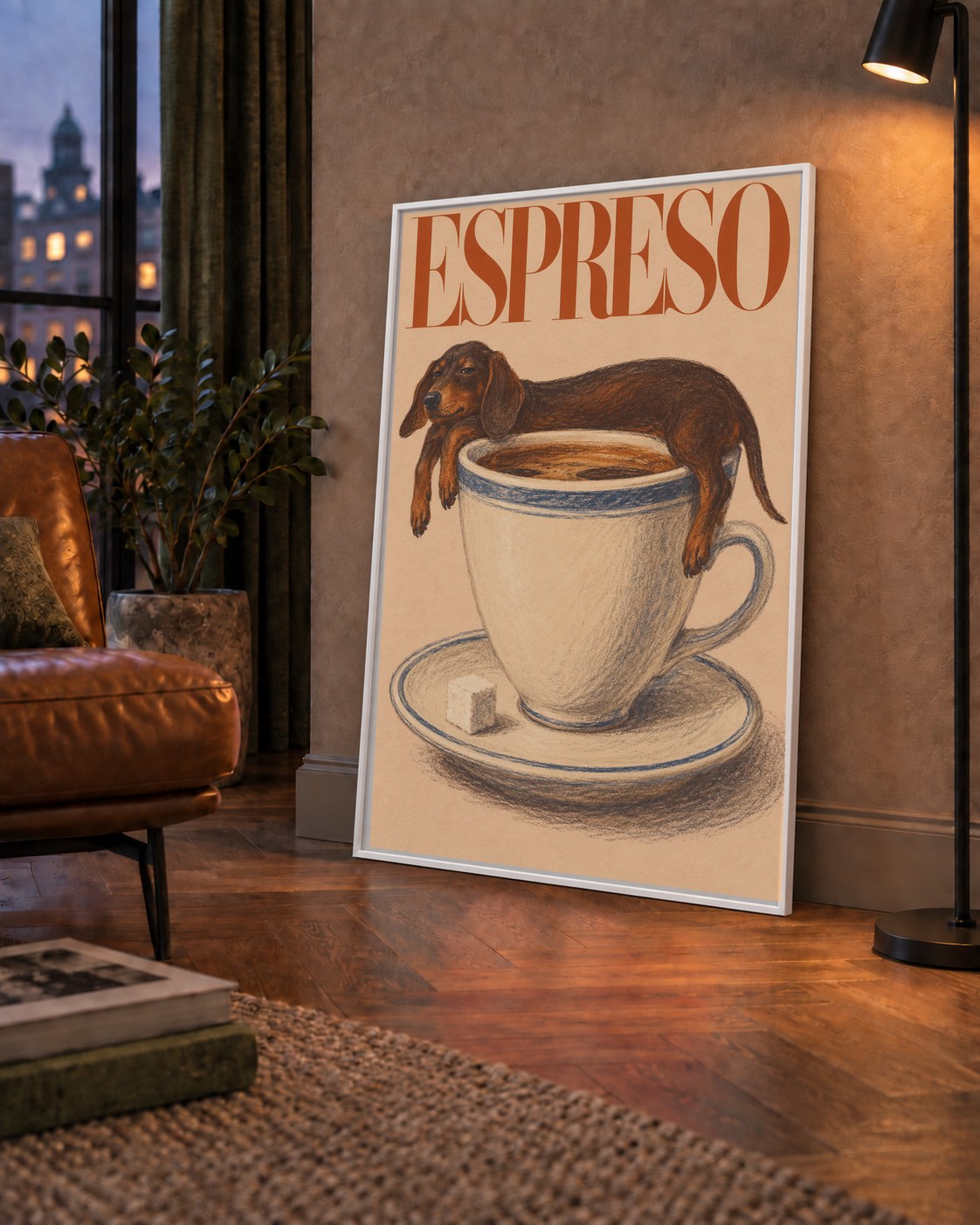 Kahve ve Köpek Sevgisi: Espreso Pastel Poster — çerçeveli hâliyle bir ev duvarında