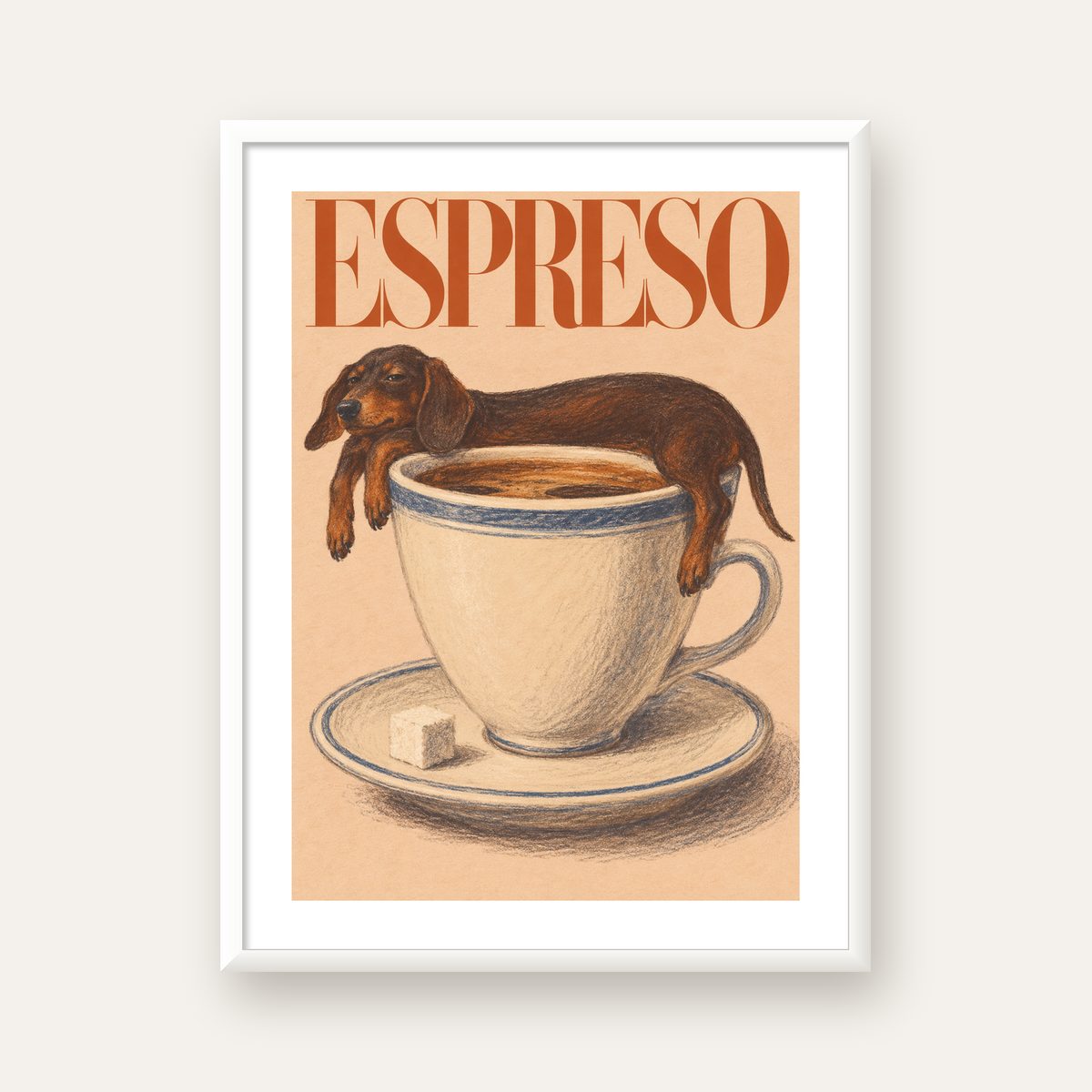 Kahve ve Köpek Sevgisi: Espreso Pastel Poster — beyaz çerçeveli dikey poster
