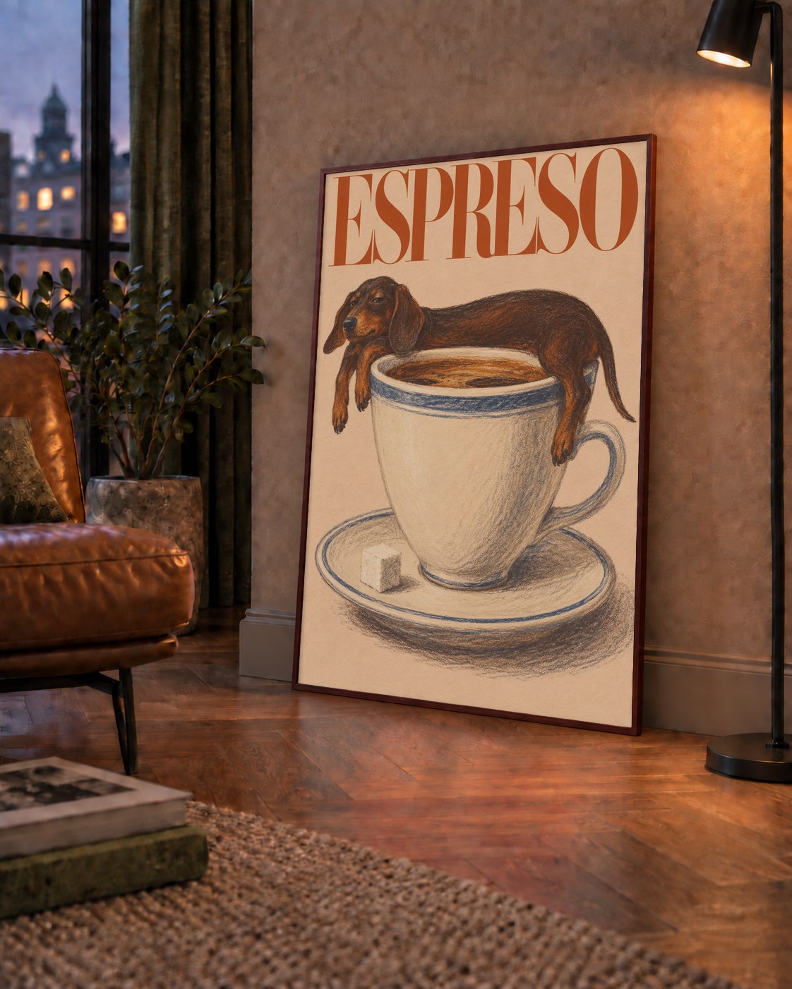 Kahve ve Köpek Sevgisi: Espreso Pastel Poster — çerçeveli hâliyle bir ev duvarında