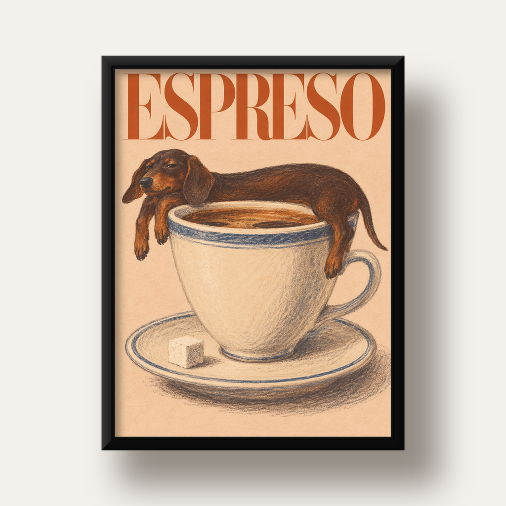 Kahve ve Köpek Sevgisi: Espreso Pastel Poster — siyah derin çerçeveli
