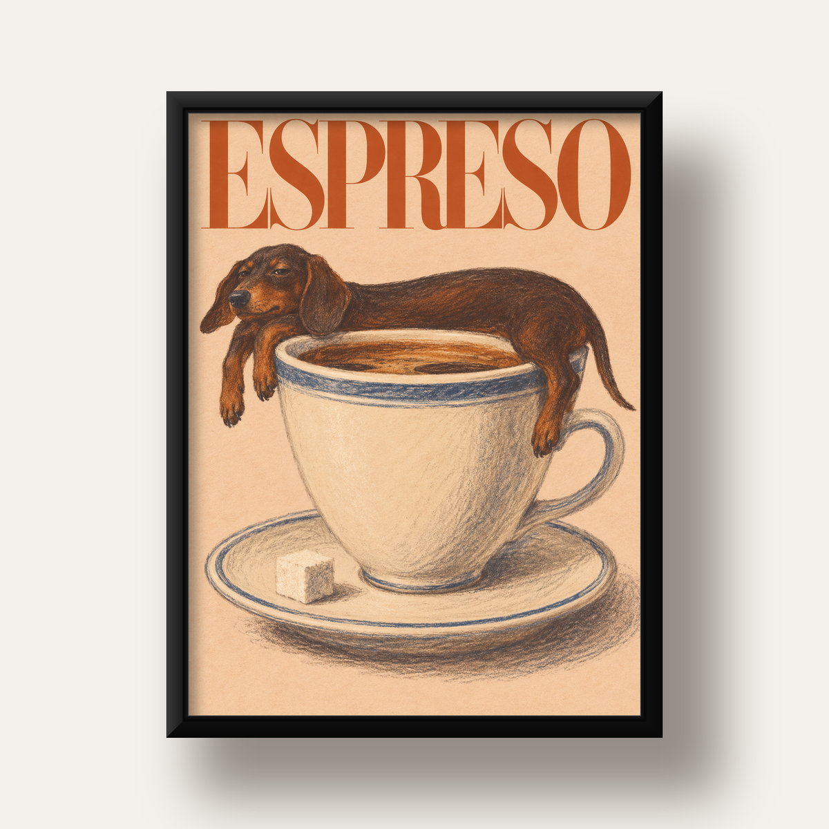 Kahve ve Köpek Sevgisi: Espreso Pastel Poster — siyah derin çerçeveli