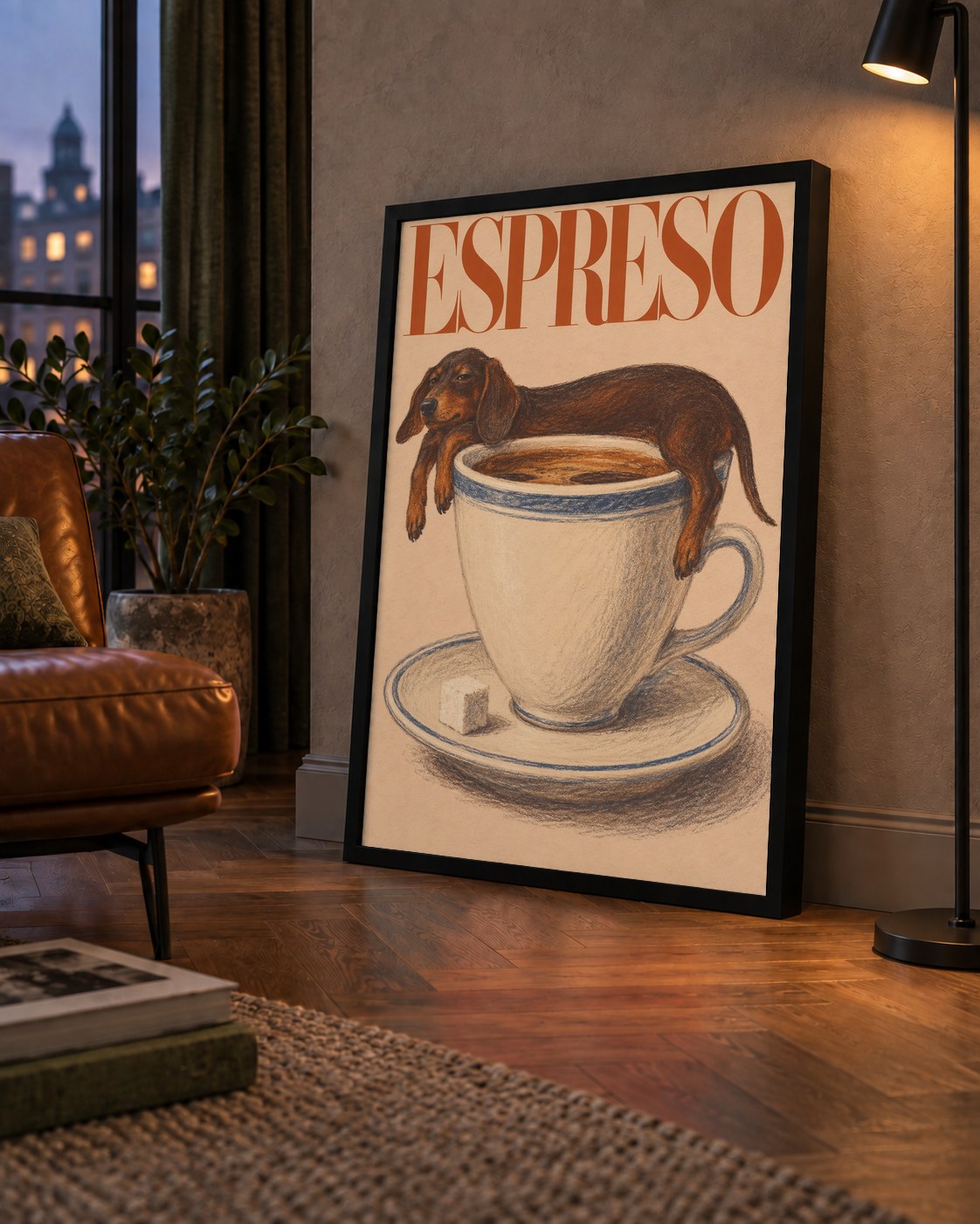 Kahve ve Köpek Sevgisi: Espreso Pastel Poster — çerçeveli hâliyle bir ev duvarında