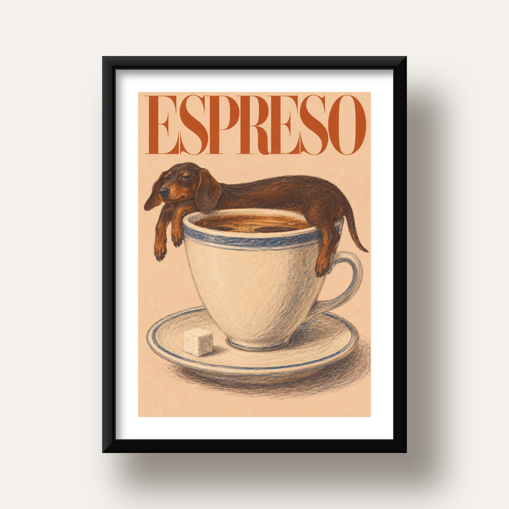 Kahve ve Köpek Sevgisi: Espreso Pastel Poster — siyah derin çerçeveli paspartulu