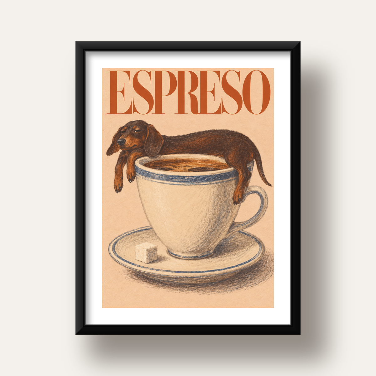 Kahve ve Köpek Sevgisi: Espreso Pastel Poster — siyah derin çerçeveli paspartulu