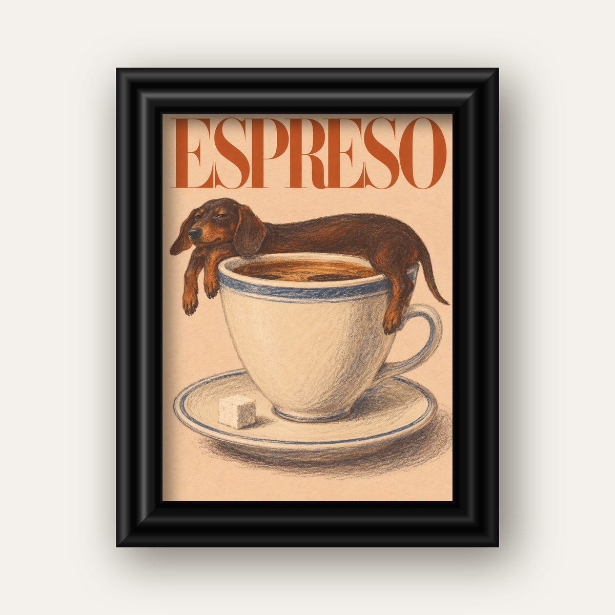 Kahve ve Köpek Sevgisi: Espreso Pastel Poster — siyah galeri çerçeveli