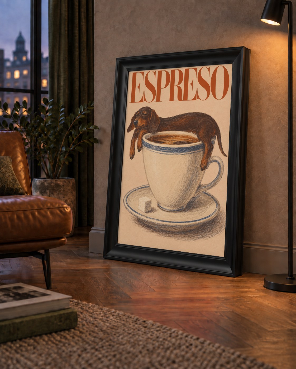 Kahve ve Köpek Sevgisi: Espreso Pastel Poster — çerçeveli hâliyle bir ev duvarında