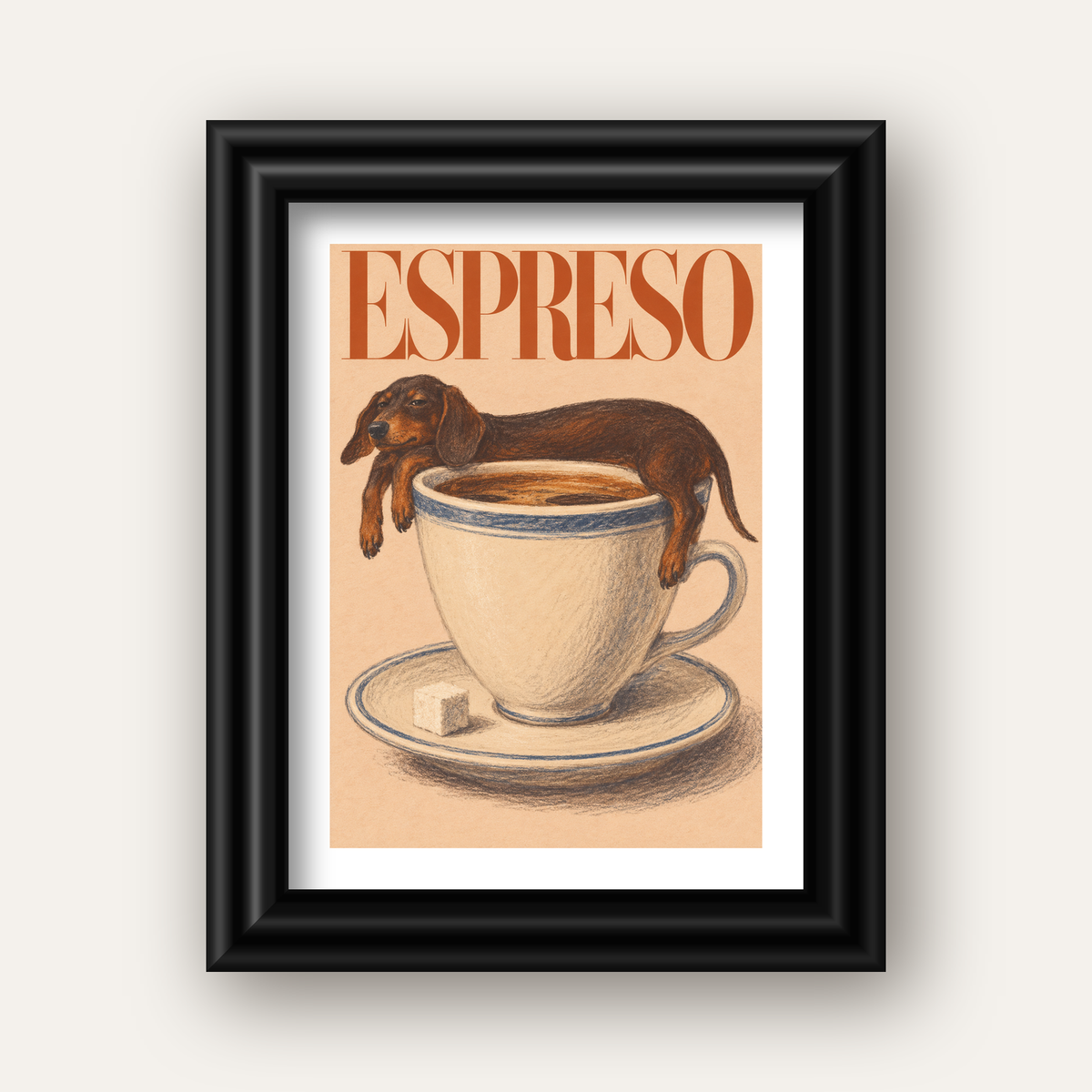 Kahve ve Köpek Sevgisi: Espreso Pastel Poster — siyah galeri çerçeveli paspartulu
