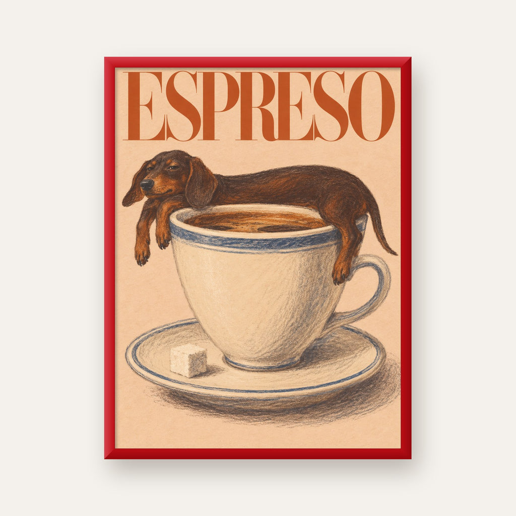 Kahve ve Köpek Sevgisi: Espreso Pastel Poster — kırmızı çerçeveli