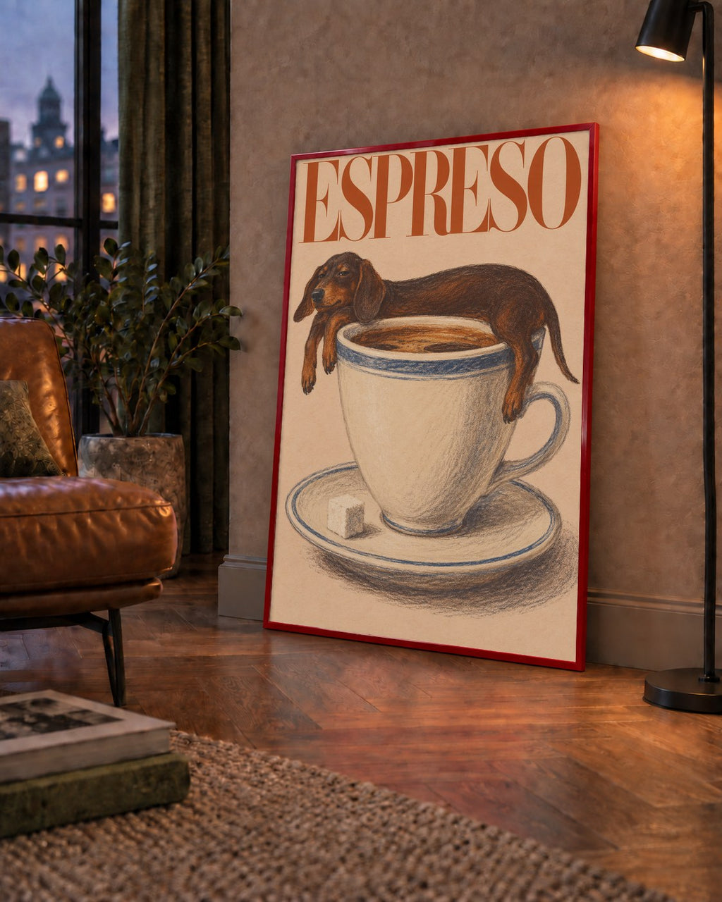 Kahve ve Köpek Sevgisi: Espreso Pastel Poster — çerçeveli hâliyle bir ev duvarında