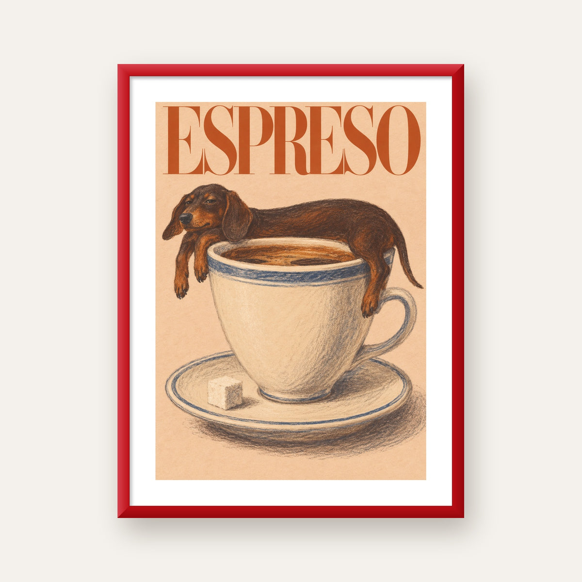 Kahve ve Köpek Sevgisi: Espreso Pastel Poster — kırmızı çerçeveli paspartulu