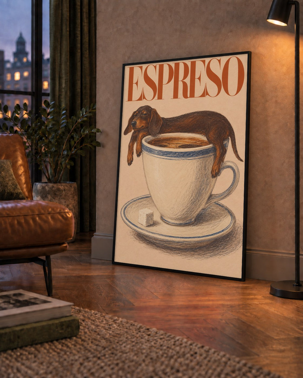 Kahve ve Köpek Sevgisi: Espreso Pastel Poster — çerçeveli hâliyle bir ev duvarında