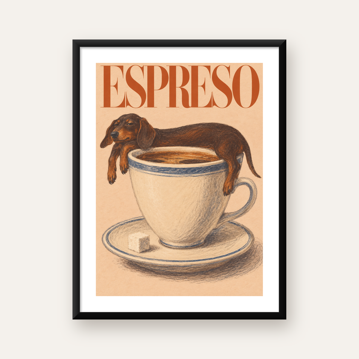 Kahve ve Köpek Sevgisi: Espreso Pastel Poster, Çerçeveli — Dikey baskı, beyaz kenar boşluklu