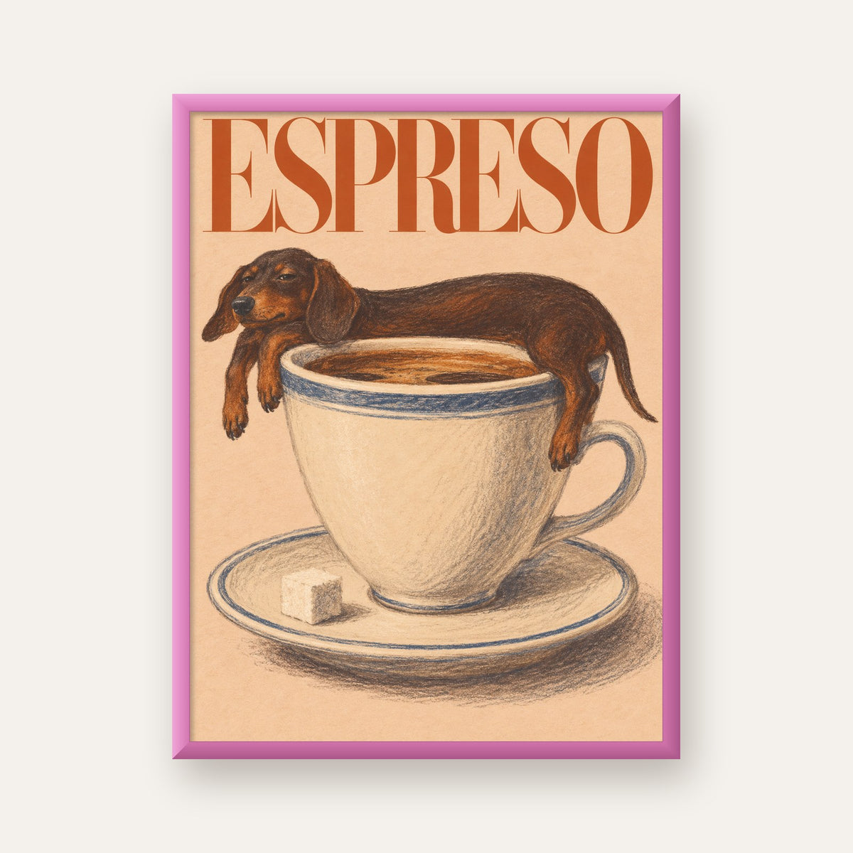 Kahve ve Köpek Sevgisi: Espreso Pastel Poster — pembe çerçeveli