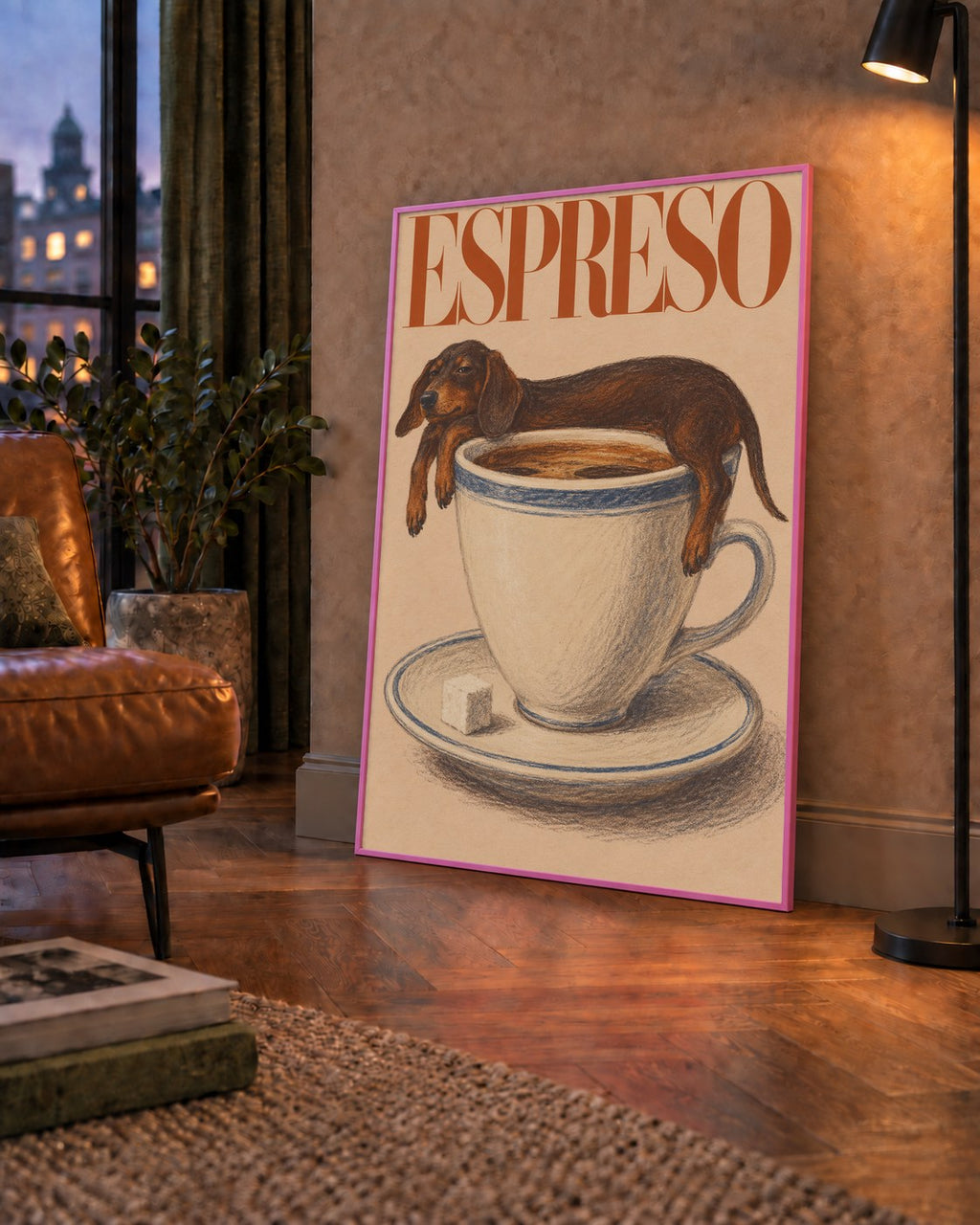 Kahve ve Köpek Sevgisi: Espreso Pastel Poster — çerçeveli hâliyle bir ev duvarında
