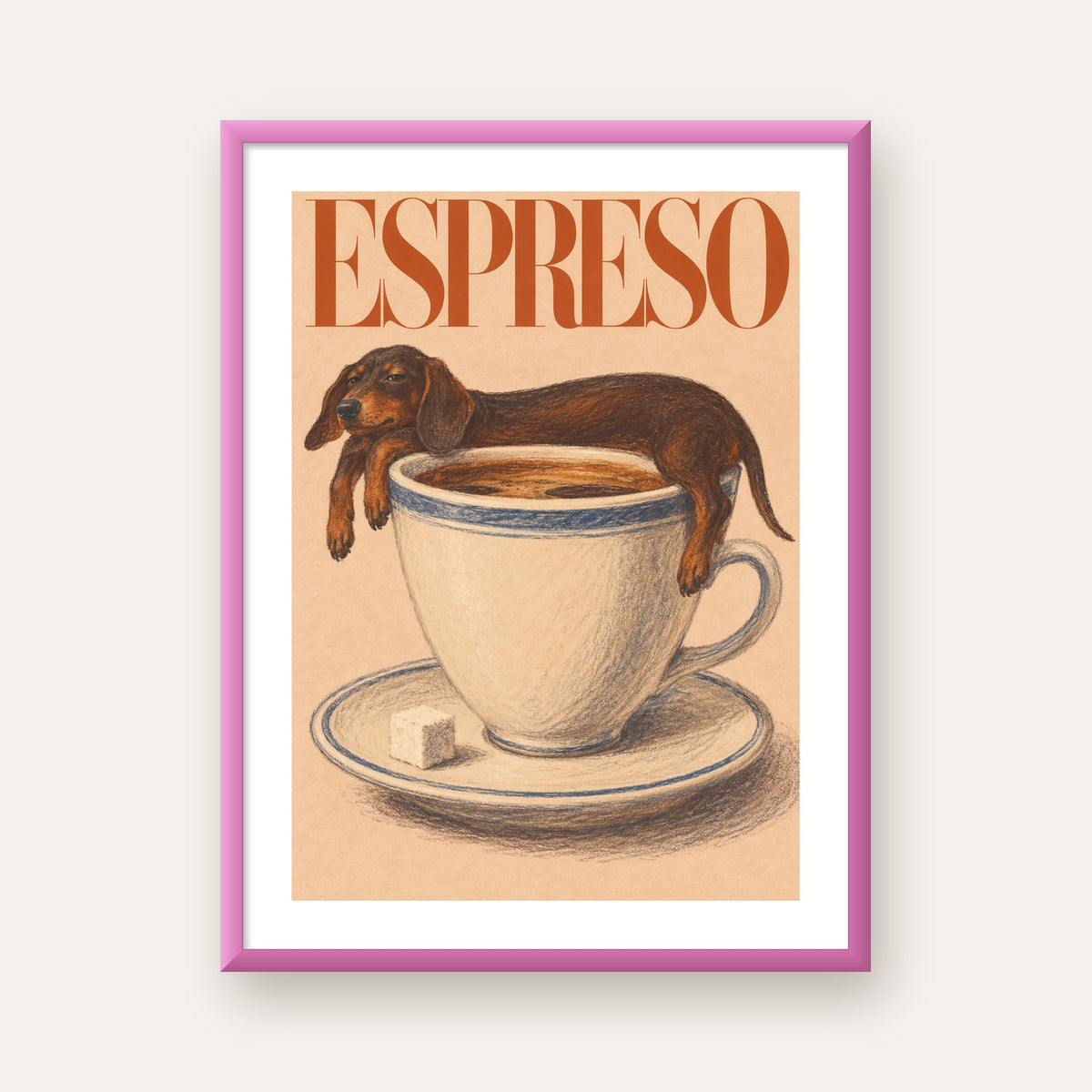 Kahve ve Köpek Sevgisi: Espreso Pastel Poster — pembe çerçeveli paspartulu