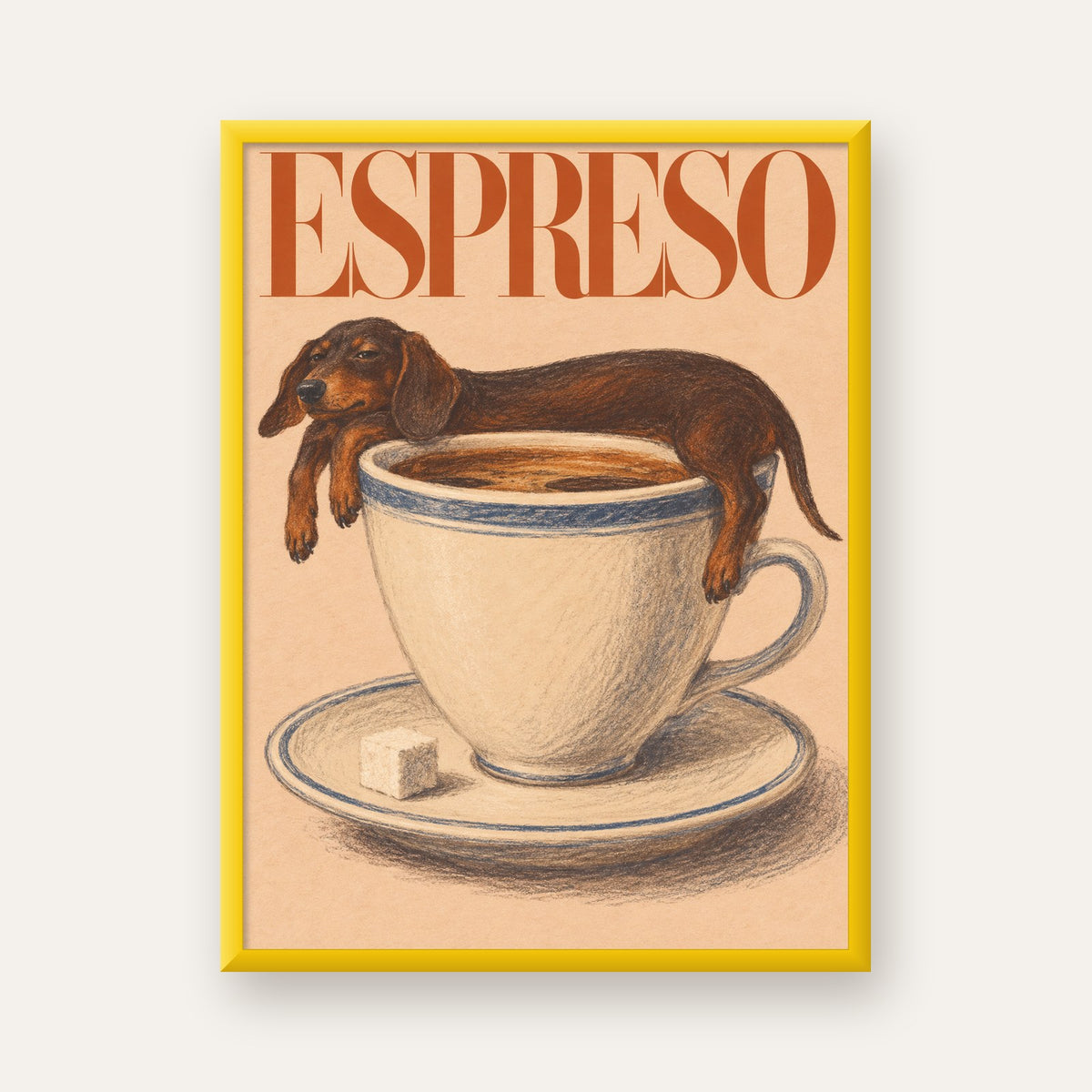 Kahve ve Köpek Sevgisi: Espreso Pastel Poster — sarı çerçeveli